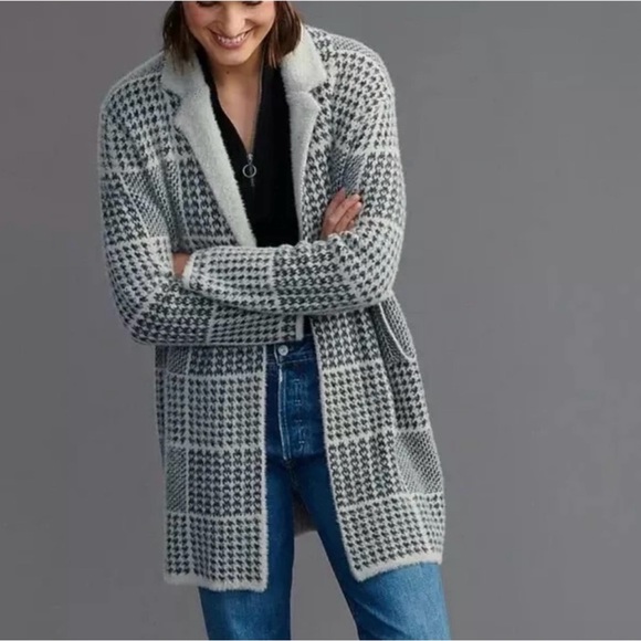 Anthropologie Sweaters - Anthropologie Women Jamey-SZ XS-Houndstooth Grey Cream Longline Cardigan Sweater